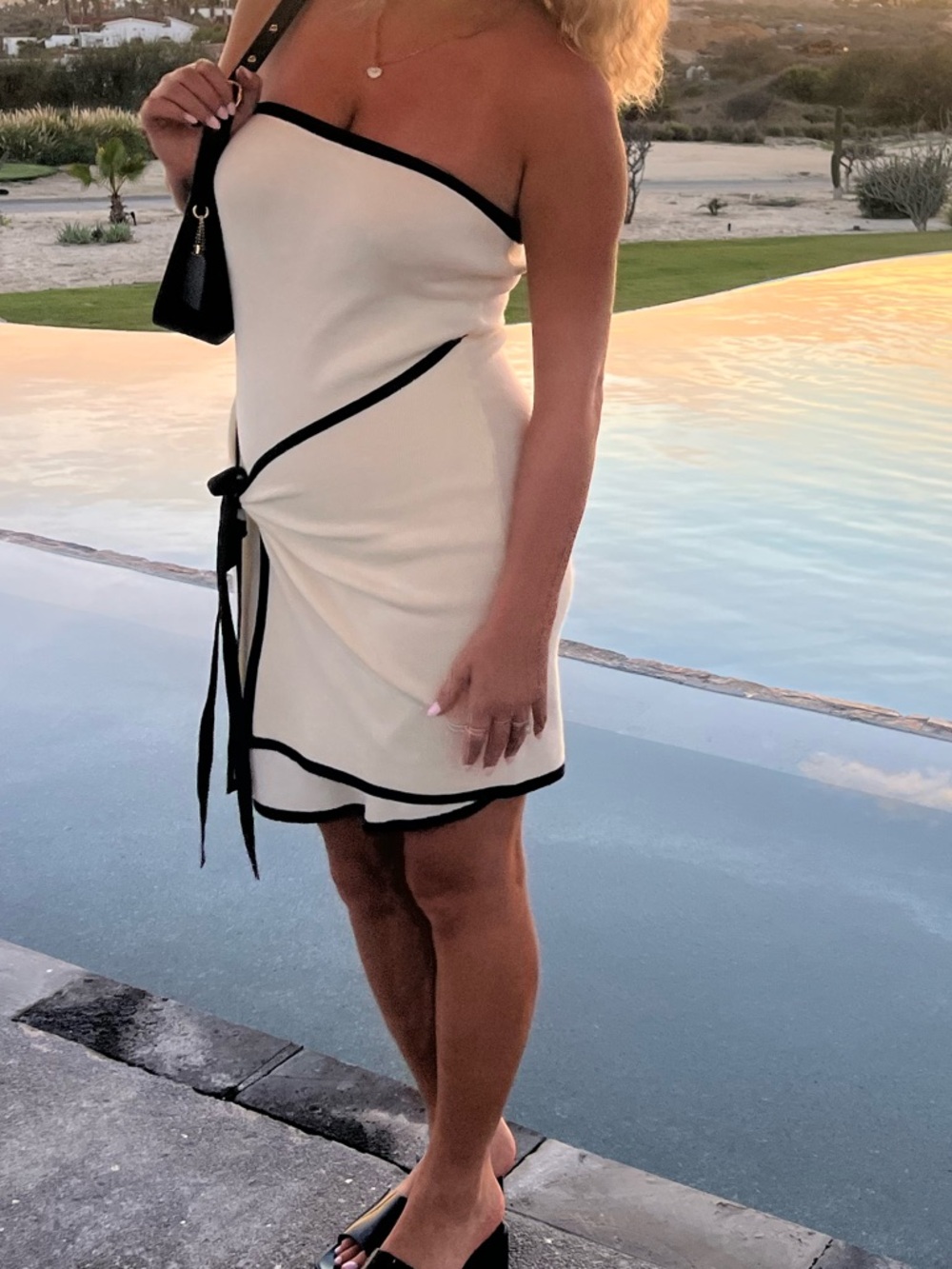 Cream Strapless Mini Dress with Black Trim - Picture 3 of 3